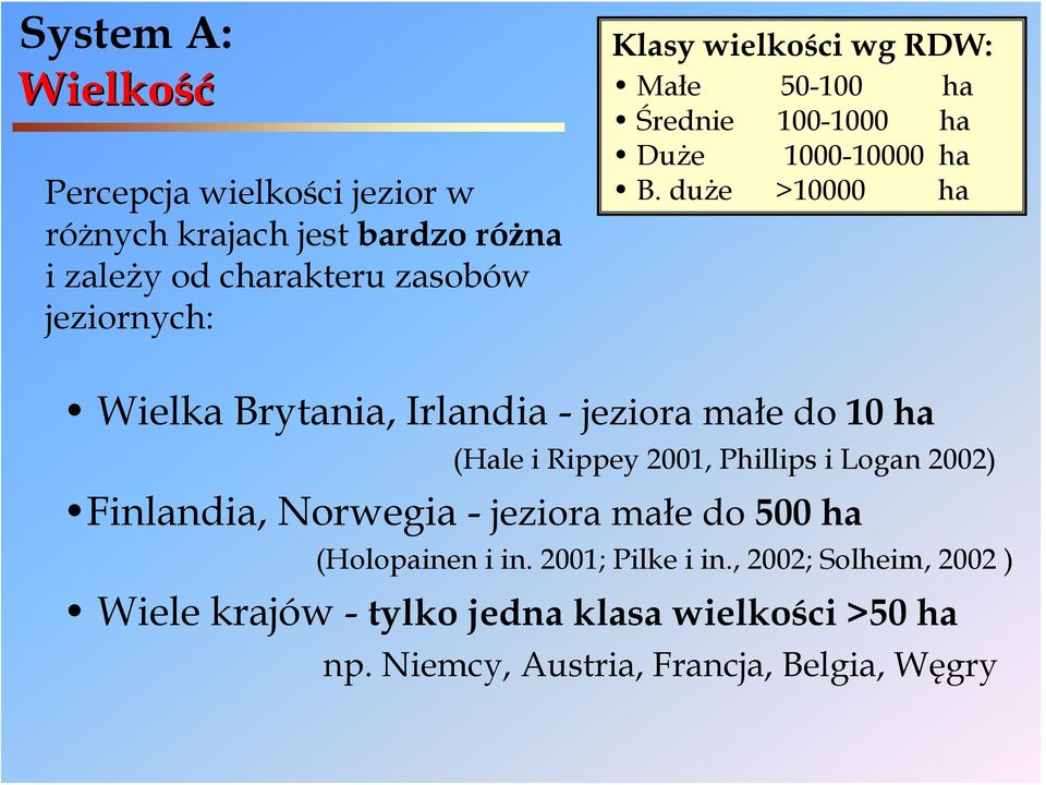 duże >10000 ha Wielka Brytania, Irlandia - jeziora małe do 10 ha (Hale i Rippey 2001, Phillips i Logan 2002) Finlandia,