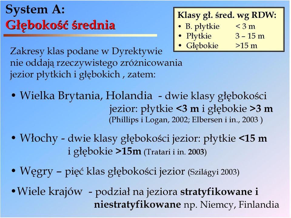 i Logan, 2002; Elbersen i in., 2003 ) Włochy - dwie klasy głębokości jezior: płytkie <15 m i głębokie >15m (Tratari i in.