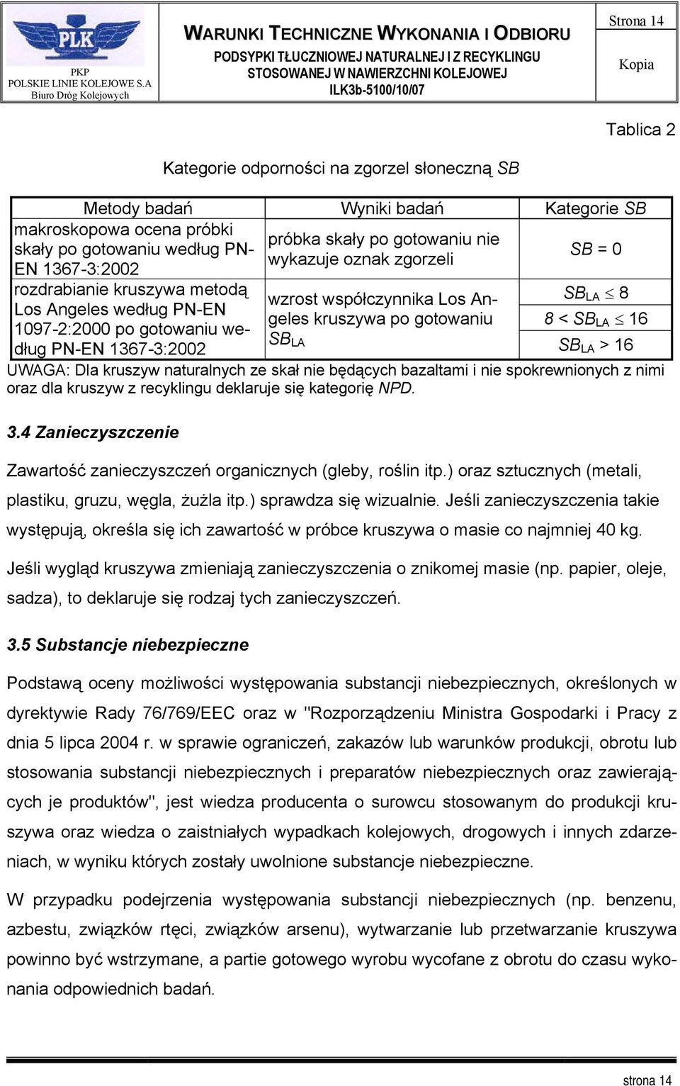 gotowaniu 8 < SB LA 16 SB LA SB LA > 16 UWAGA: Dla kruszyw naturalnych ze skał nie będących bazaltami i nie spokrewnionych z nimi oraz dla kruszyw z recyklingu deklaruje się kategorię NPD. 3.