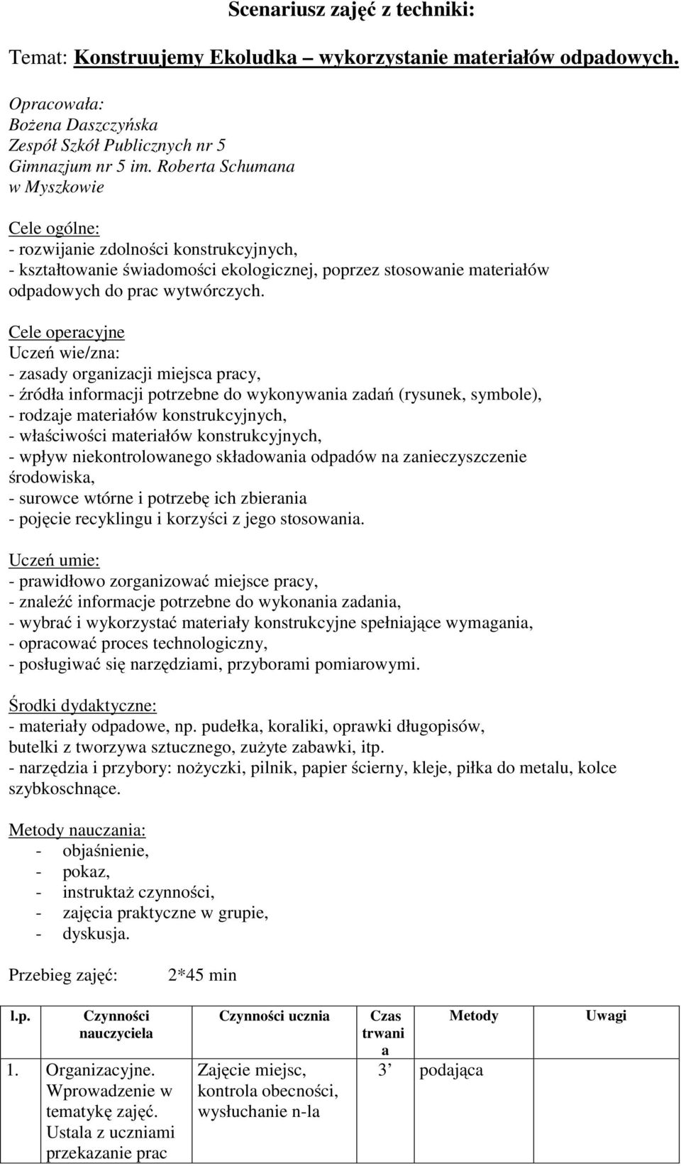 Cele operacyjne Uczeń wie/zna: - zasady organizacji miejsca pracy, - źródła informacji potrzebne do wykonywania zadań (rysunek, symbole), - rodzaje materiałów konstrukcyjnych, - właściwości