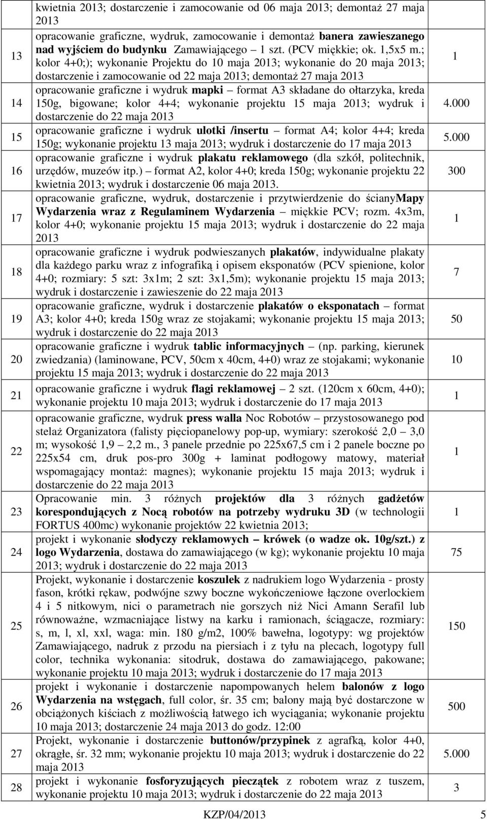 ; kolor 4+0;); wykonanie Projektu do 0 maja 203; wykonanie do 20 maja 203; dostarczenie i zamocowanie od 22 maja 203; demontaż 27 maja 203 opracowanie graficzne i wydruk mapki format A3 składane do