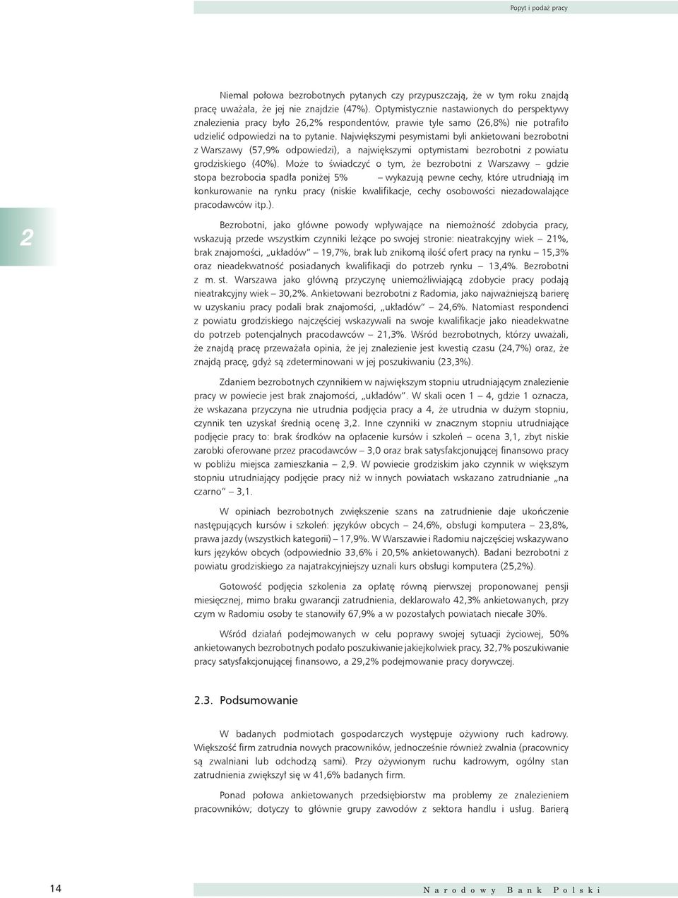 Największymi pesymistami byli ankietowani bezrobotni z Warszawy (57,9% odpowiedzi), a największymi optymistami bezrobotni z powiatu grodziskiego (40%).