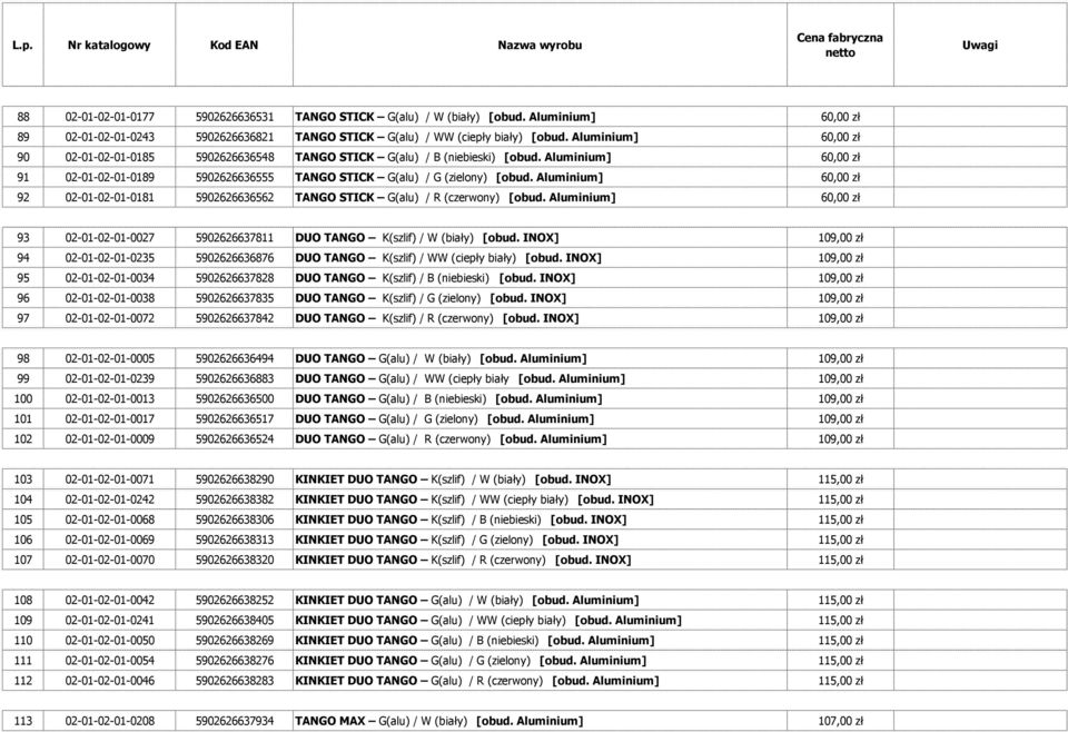 Aluminium] 60,00 zł 92 02-01-02-01-0181 5902626636562 TANGO STICK G(alu) / R (czerwony) [obud. Aluminium] 60,00 zł 93 02-01-02-01-0027 5902626637811 DUO TANGO K(szlif) / W (biały) [obud.