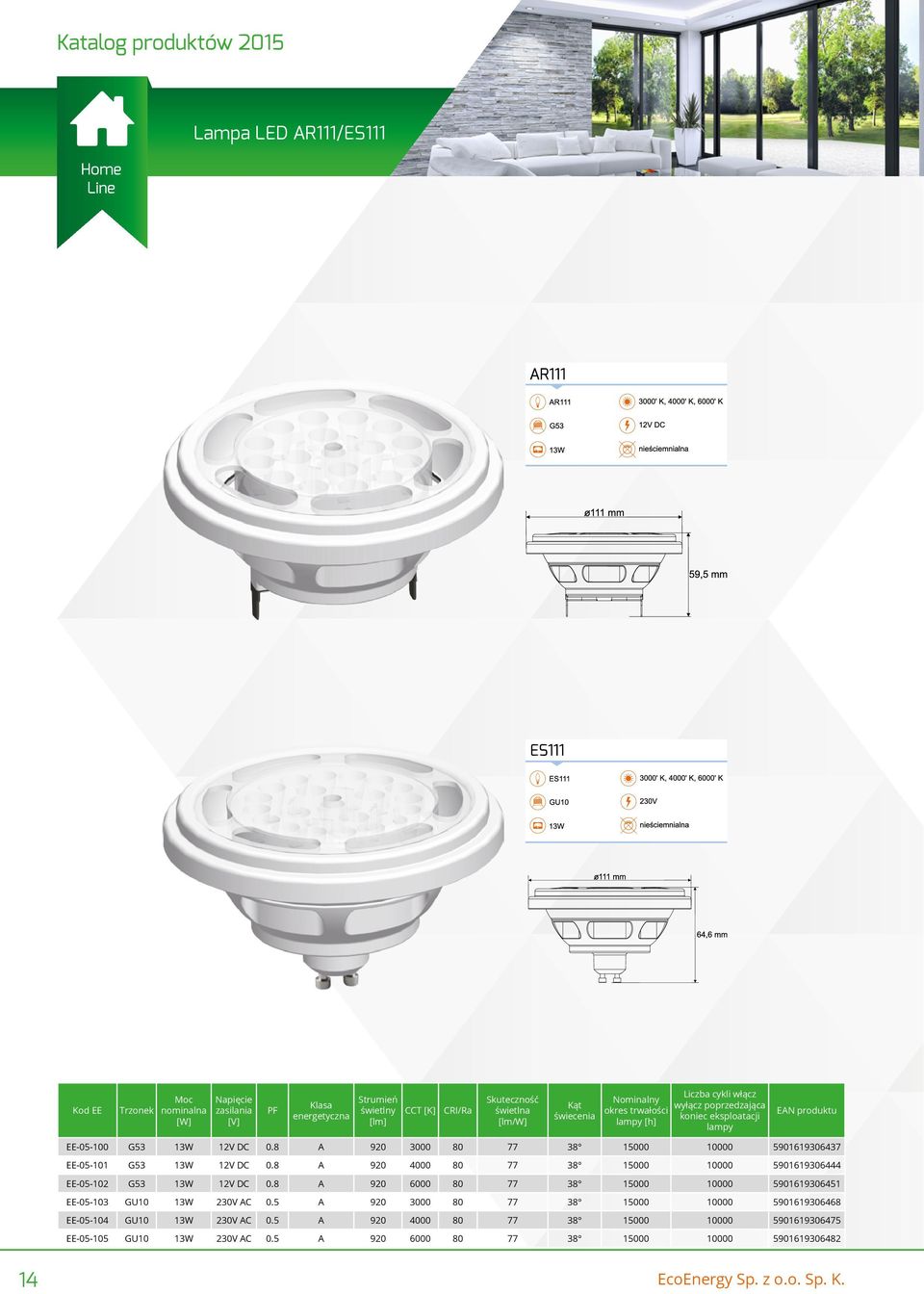 8 A 920 4000 80 77 38 15000 10000 5901619306444 EE-05-102 G53 13W 12V DC 0.8 A 920 6000 80 77 38 15000 10000 5901619306451 EE-05-103 GU10 13W 230V AC 0.