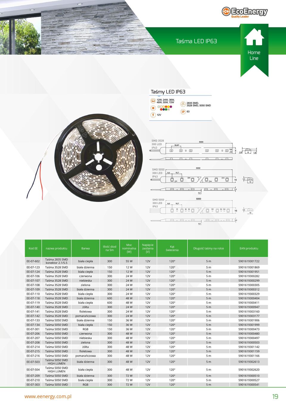 EE-07-106 Taśma 3528 SMD czerwona 300 24 W 12V 120 5 m 5901619300282 EE-07-107 Taśma 3528 SMD niebieska 300 24 W 12V 120 5 m 5901619300299 EE-07-108 Taśma 3528 SMD zielona 300 24 W 12V 120 5 m