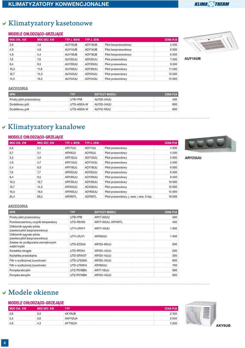 7 500 8,4 9,5 AUY30UU AOY30UU Pilot przewodowy 9 500 10,5 11,8 AUY36UU AOY36UU Pilot przewodowy 11 500 12,7 14,3 AUY45UU AOY45UU Pilot przewodowy 13 500 14,5 16,5 AUY54UU AOY54UU Pilot przewodowy 15