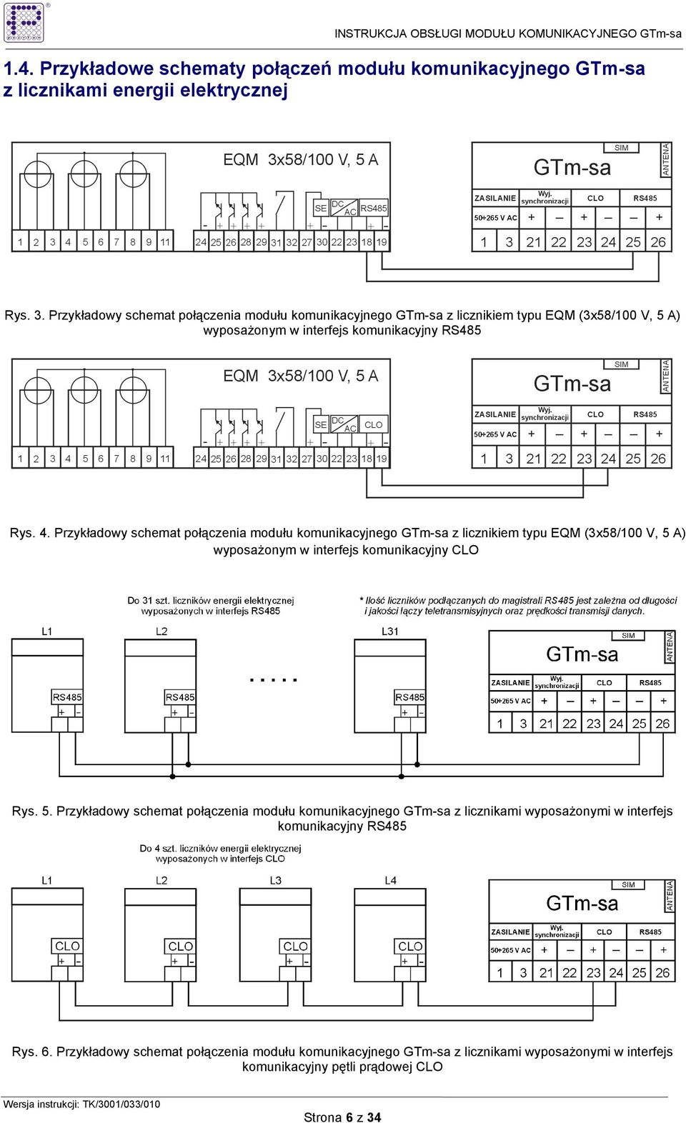 Przykładowy schemat połączenia modułu komunikacyjnego GTm-sa z licznikiem typu EQM (3x58/100 V, 5 
