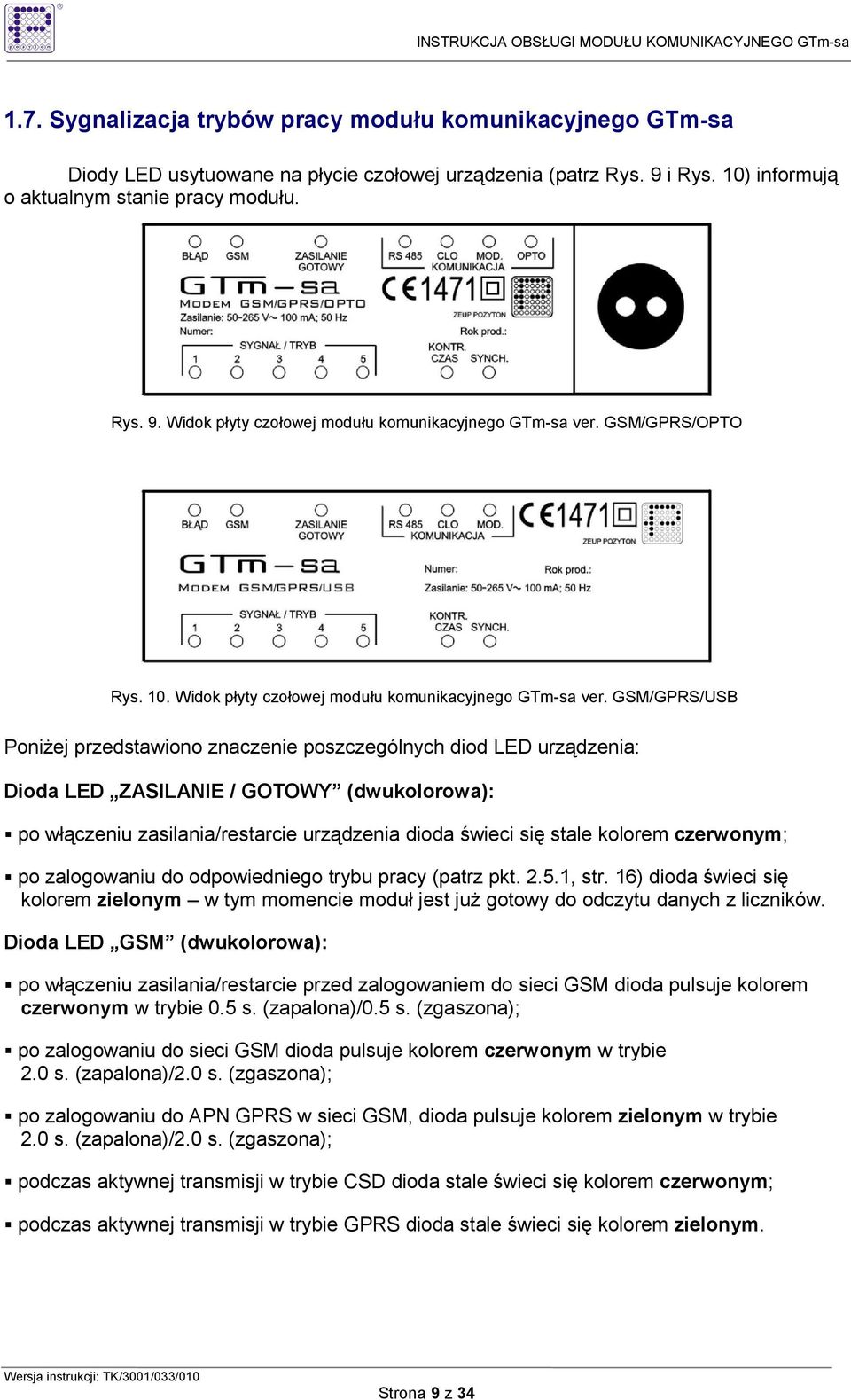 GSM/GPRS/USB PoniŜej przedstawiono znaczenie poszczególnych diod LED urządzenia: Dioda LED ZASILANIE / GOTOWY (dwukolorowa): po włączeniu zasilania/restarcie urządzenia dioda świeci się stale kolorem