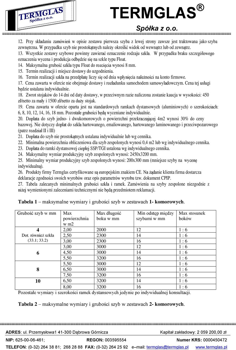 W przypadku braku szczegółowego oznaczenia wycena i produkcja odbędzie się na szkle typu Float. 14. Maksymalna grubość szkła typu Float do rozcięcia wynosi 8 mm. 15.