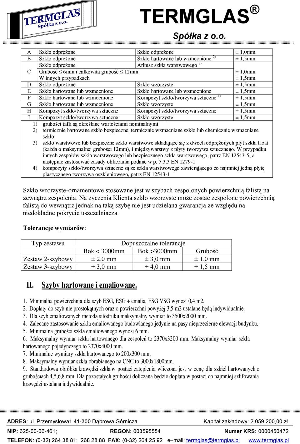 sztuczne 4) ± 1,5mm G Szkło hartowane lub wzmocnione Szkło wzorzyste ± 1,5mm H Kompozyt szkło/tworzywa sztuczne Kompozyt szkło/tworzywa sztuczne ± 1,5mm I Kompozyt szkło/tworzywa sztuczne Szkło