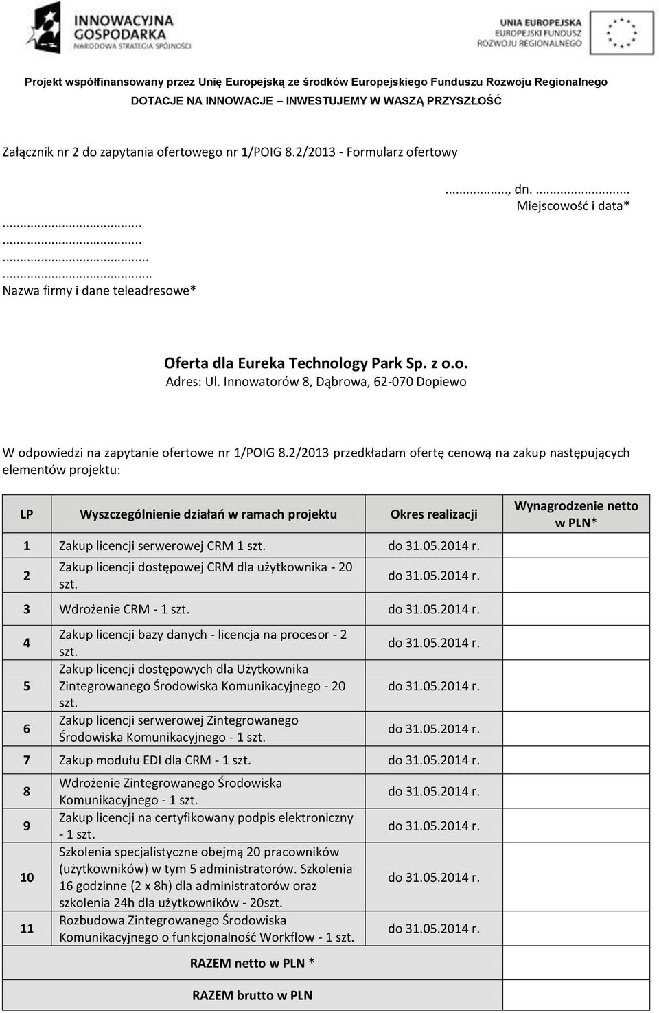 2/2013 przedkładam ofertę cenową na zakup następujących elementów projektu: LP Wyszczególnienie działań w ramach projektu Okres realizacji 1 Zakup licencji serwerowej CRM 1 2 Zakup licencji