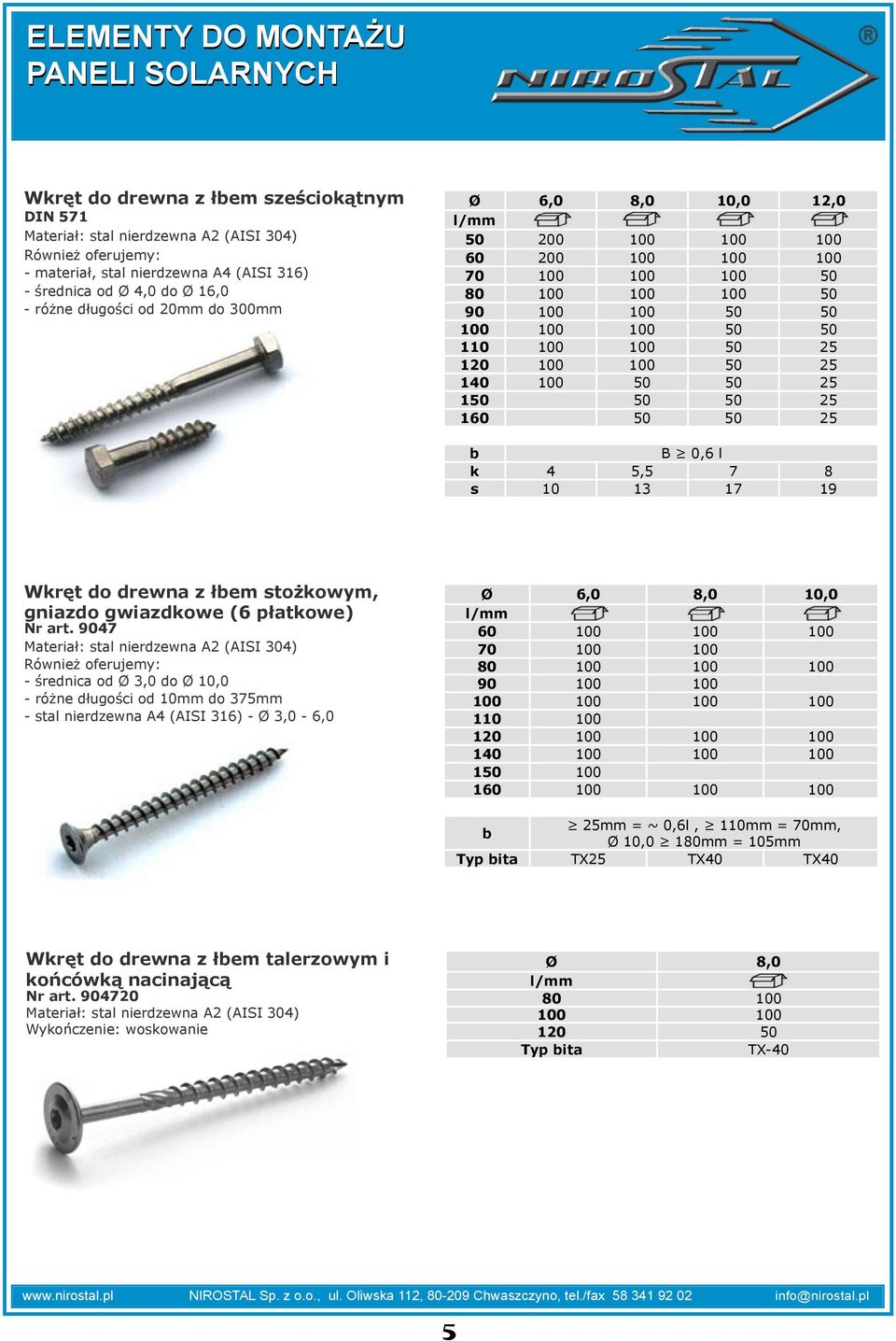 50 25 160 50 50 25 b B 0,6 l k 4 5,5 7 8 s 10 13 17 19 Wkręt do drewna z łbem stożkowym, Ø 6,0 8,0 10,0 gniazdo gwiazdkowe (6 płatkowe) Nr art.