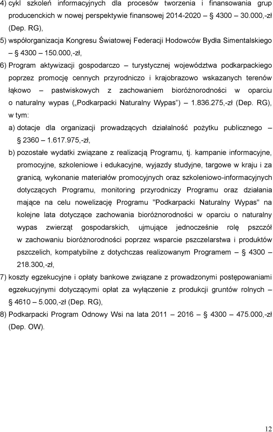 000,-zł, 6) Program aktywizacji gospodarczo turystycznej województwa podkarpackiego poprzez promocję cennych przyrodniczo i krajobrazowo wskazanych terenów łąkowo pastwiskowych z zachowaniem