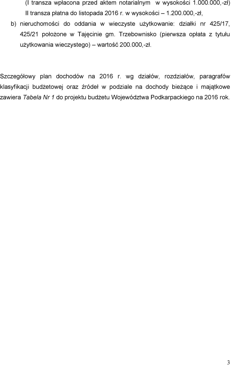 Trzebownisko (pierwsza opłata z tytułu użytkowania wieczystego) wartość 200.000,-zł. Szczegółowy plan dochodów na 2016 r.