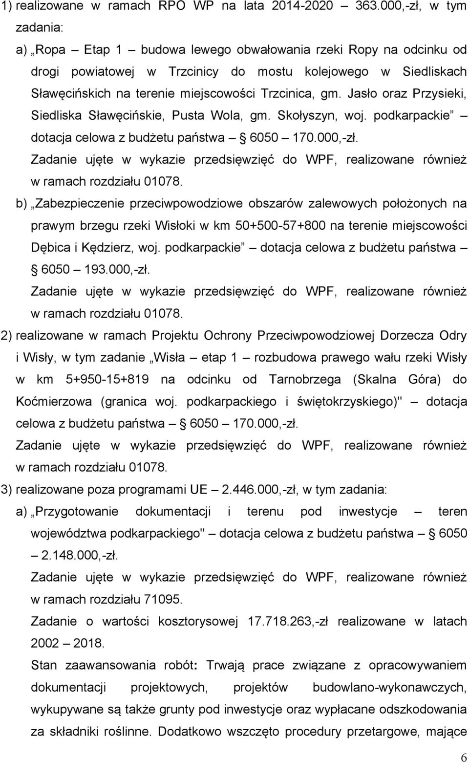 Trzcinica, gm. Jasło oraz Przysieki, Siedliska Sławęcińskie, Pusta Wola, gm. Skołyszyn, woj. podkarpackie dotacja celowa z budżetu państwa 6050 170.000,-zł.