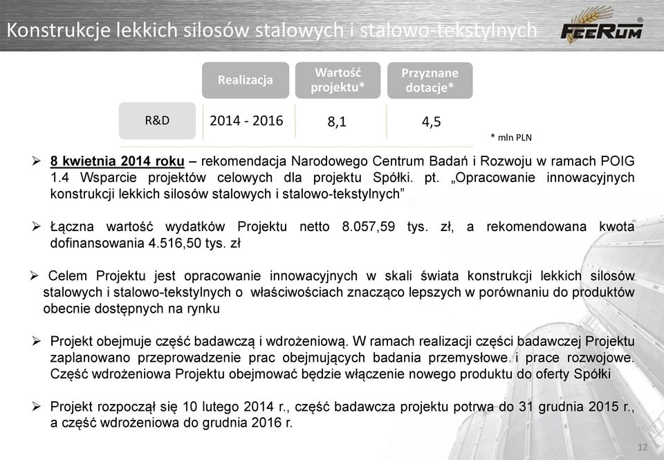 Opracowanie innowacyjnych konstrukcji lekkich silosów stalowych i stalowo-tekstylnych 13,6 Łączna wartość wydatków Projektu netto 8.057,59 tys. zł, a rekomendowana kwota dofinansowania 4.516,50 tys.