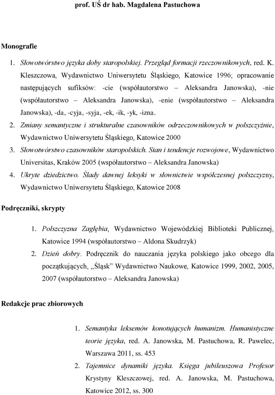 (współautorstwo Aleksandra Janowska), -da, -cyja, -syja, -ek, -ik, -yk, -izna. 2.