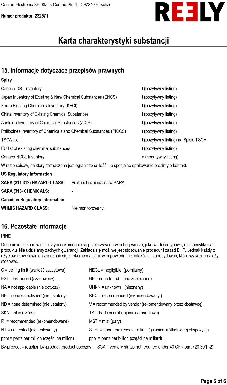 substances Canada NDSL Inventory n (negatywny listing) W razie spisów, na który zaznaczona jest ograniczona ilość lub specjalne opakowanie prosimy o kontakt.