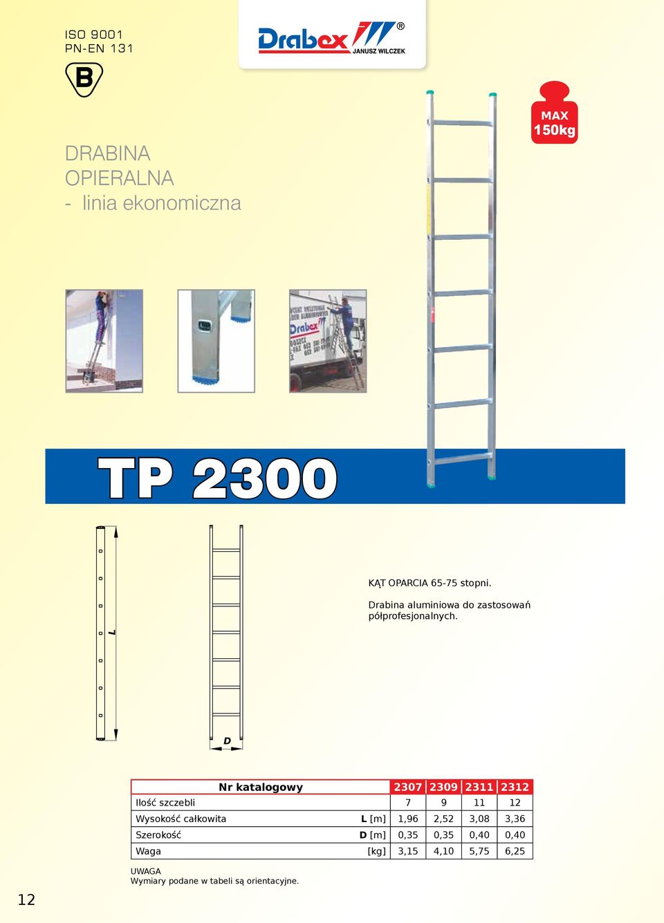 L D Nr katalogowy 2307 2309 2311 2312 Ilość szczebli 7 9 11 12 Wysokość całkowita L [m]