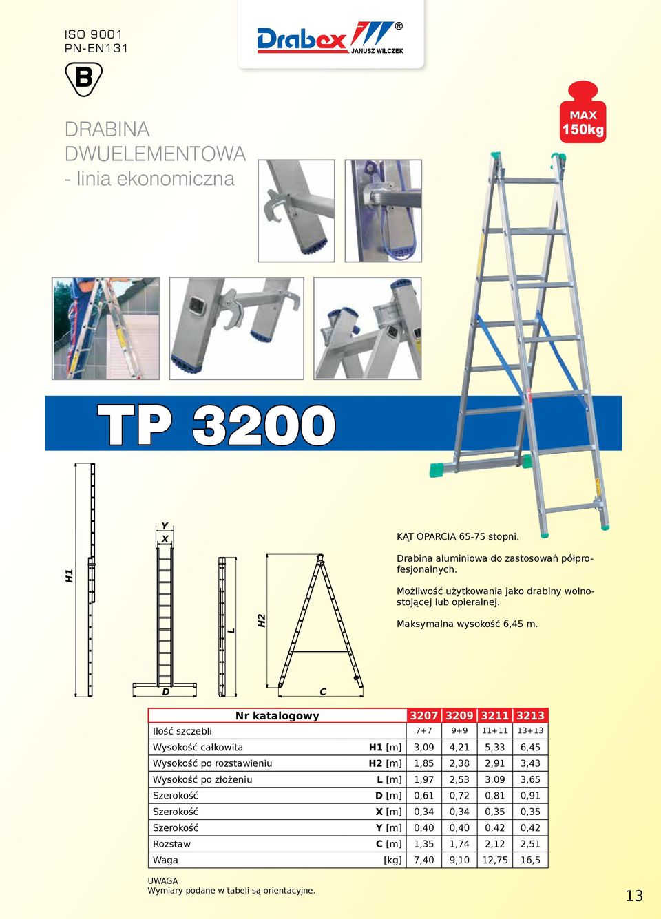 D C Nr katalogowy 3207 3209 3211 3213 Ilość szczebli 7+7 9+9 11+11 13+13 Wysokość całkowita H1 [m] 3,09 4,21 5,33 6,45 Wysokość po rozstawieniu H2 [m] 1,85 2,38 2,91 3,43