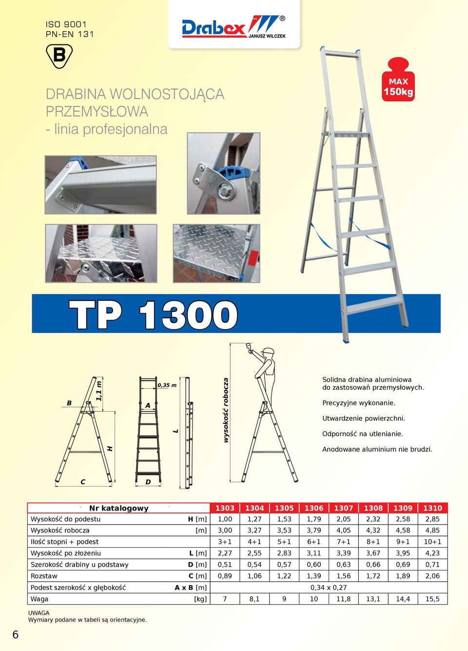 C D Nr katalogowy 1303 1304 1305 1306 1307 1308 1309 1310 Wysokość do podestu H [m] 1,00 1,27 1,53 1,79 2,05 2,32 2,58 2,85 Wysokość robocza [m] 3,00 3,27 3,53 3,79 4,05 4,32 4,58 4,85 Ilość stopni +