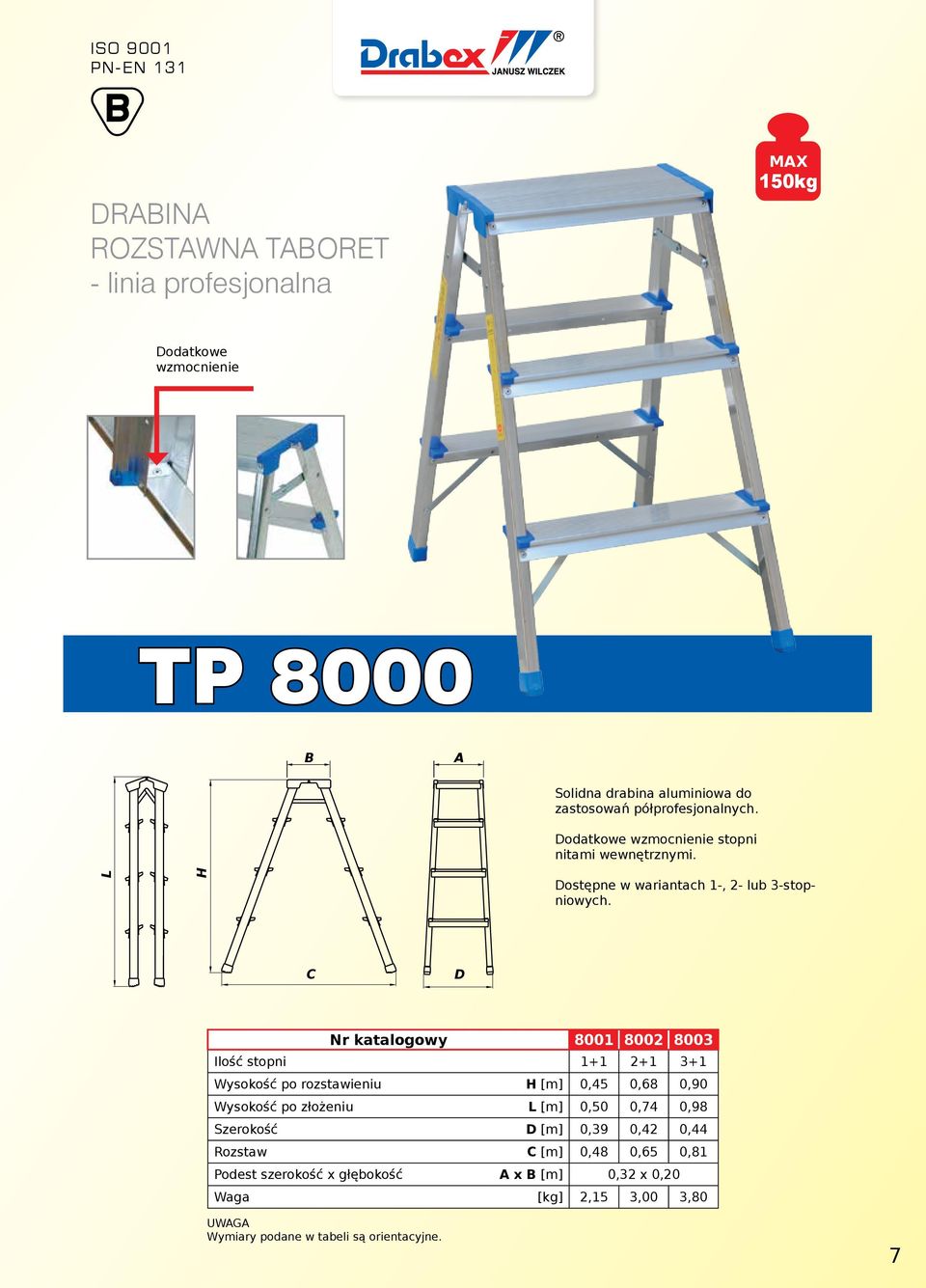 C D Nr katalogowy 8001 8002 8003 Ilość stopni 1+1 2+1 3+1 Wysokość po rozstawieniu H [m] 0,45 0,68 0,90 Wysokość po złożeniu L [m] 0,50 0,74 0,98