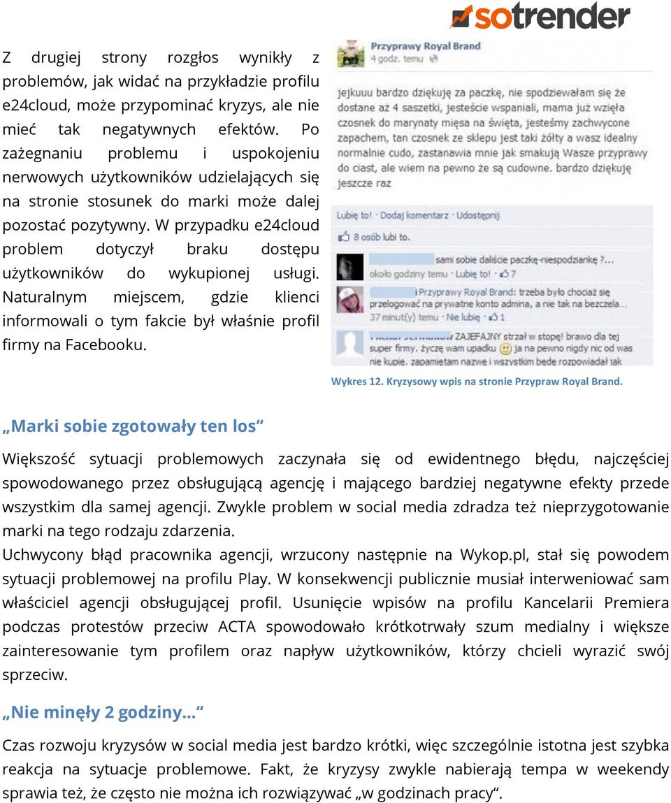 W przypadku e24cloud problem dotyczył braku dostępu użytkowników do wykupionej usługi. Naturalnym miejscem, gdzie klienci informowali o tym fakcie był właśnie profil firmy na Facebooku. Wykres'12.