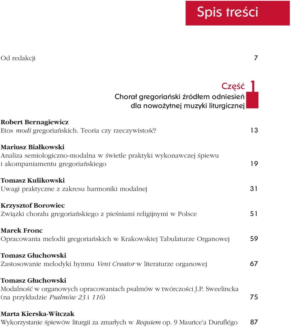 Krzysztof Borowiec Związki chorału gregoriańskiego z pieśniami religijnymi w Polsce 51 Marek Fronc Opracowania melodii gregoriańskich w Krakowskiej Tabulaturze Organowej 59 Tomasz Głuchowski