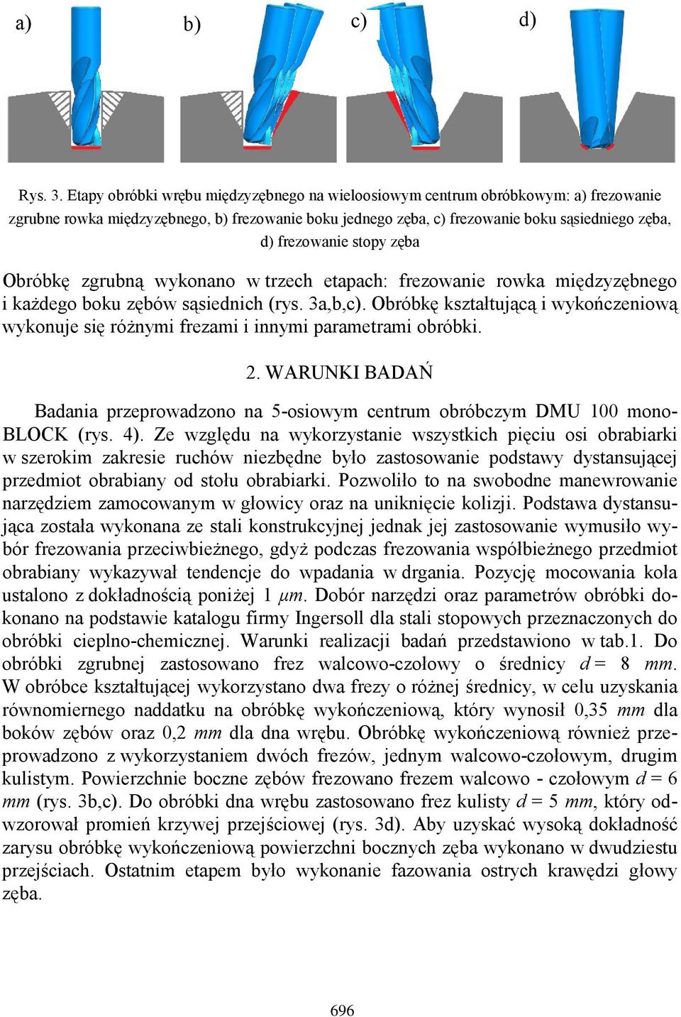 stopy zęba Obróbkę zgrubną wykonano w trzech etapach: frezowanie rowka międzyzębnego i każdego boku zębów sąsiednich (rys. 3a,b,c).