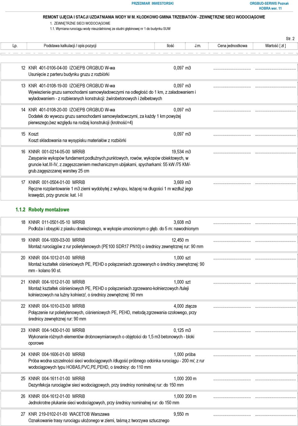 ..... Wywiezienie gruzu samochodami samowyładowczymi na odległość do 1 km, z załadowaniem i wyładowaniem - z rozbieranych konstrukcji: żwirobetonowych i żelbetowych 14 KNR 401-0108-20-00 IZOiEPB