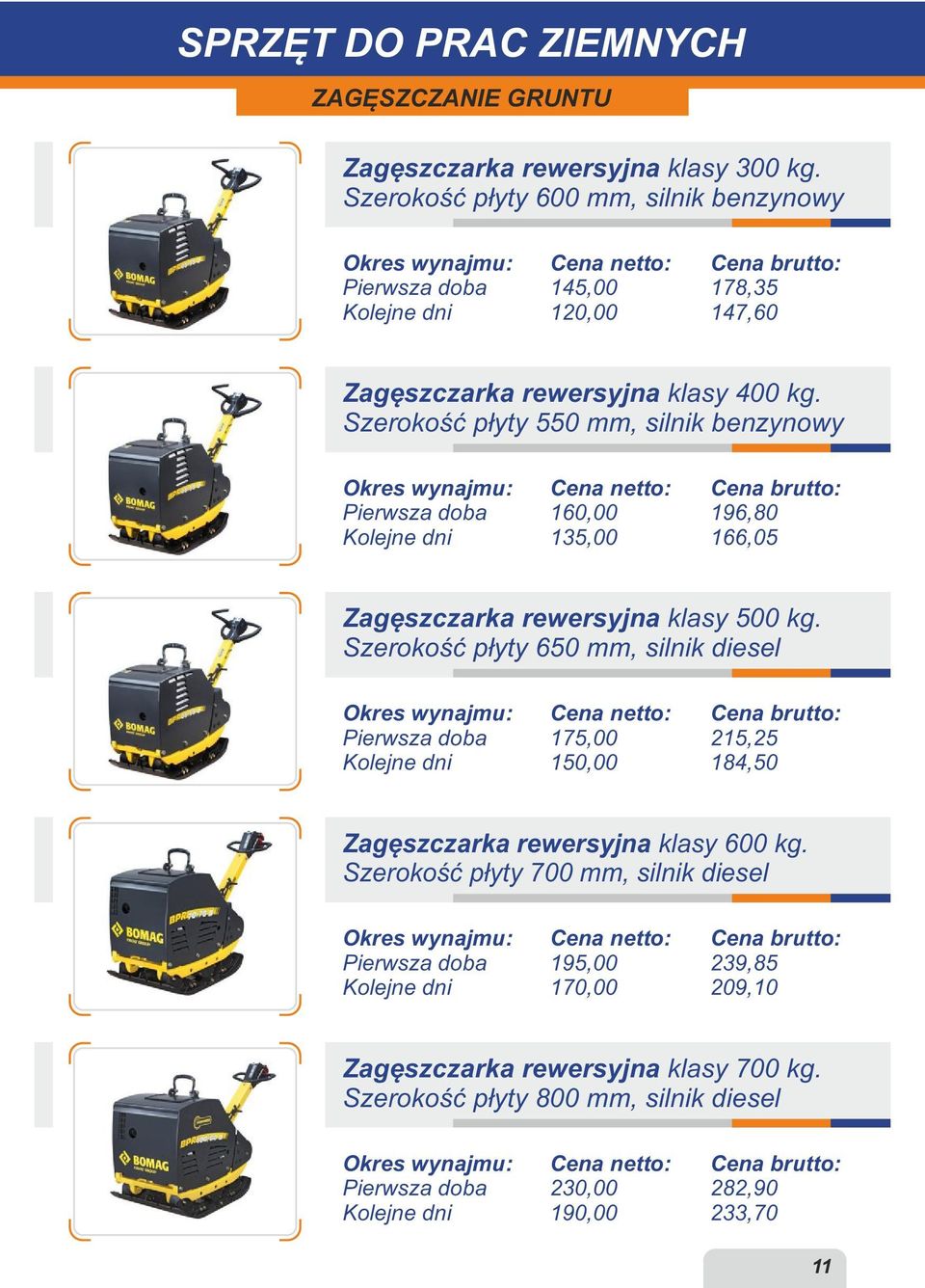 Szerokość płyty 550 mm, silnik benzynowy 160,00 135,00 196,80 166,05 Zagęszczarka rewersyjna klasy 500 kg.