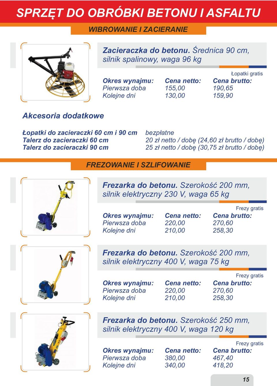 zacieraczki 90 cm bezpłatne 20 zł netto / dobę (24,60 zł brutto / dobę) 25 zł netto / dobę (30,75 zł brutto / dobę) FREZOWANIE I SZLIFOWANIE Frezarka do betonu.