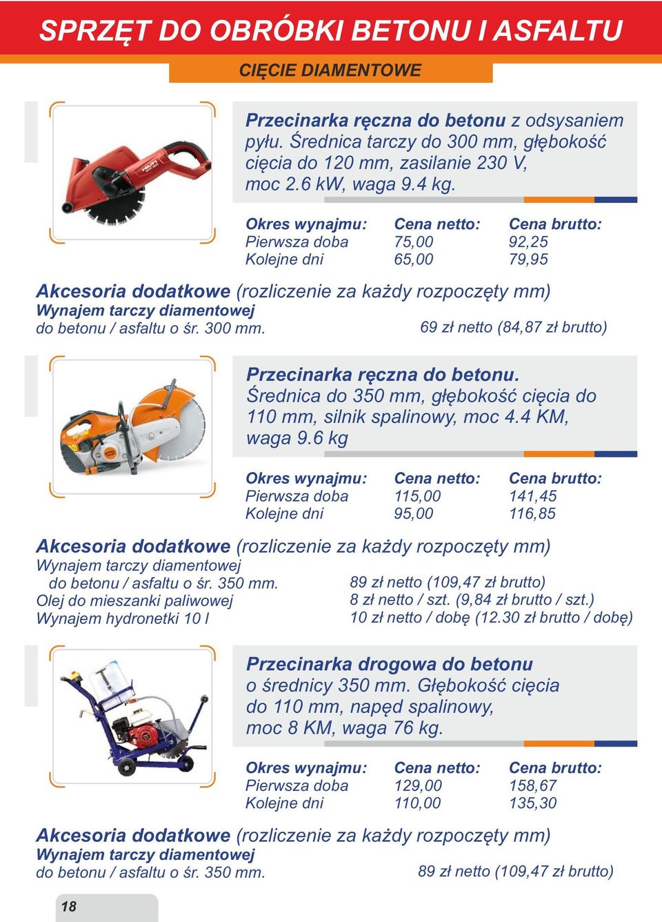 Głębokość cięcia do 110 mm, napęd spalinowy, moc 8 KM, waga 76 kg.