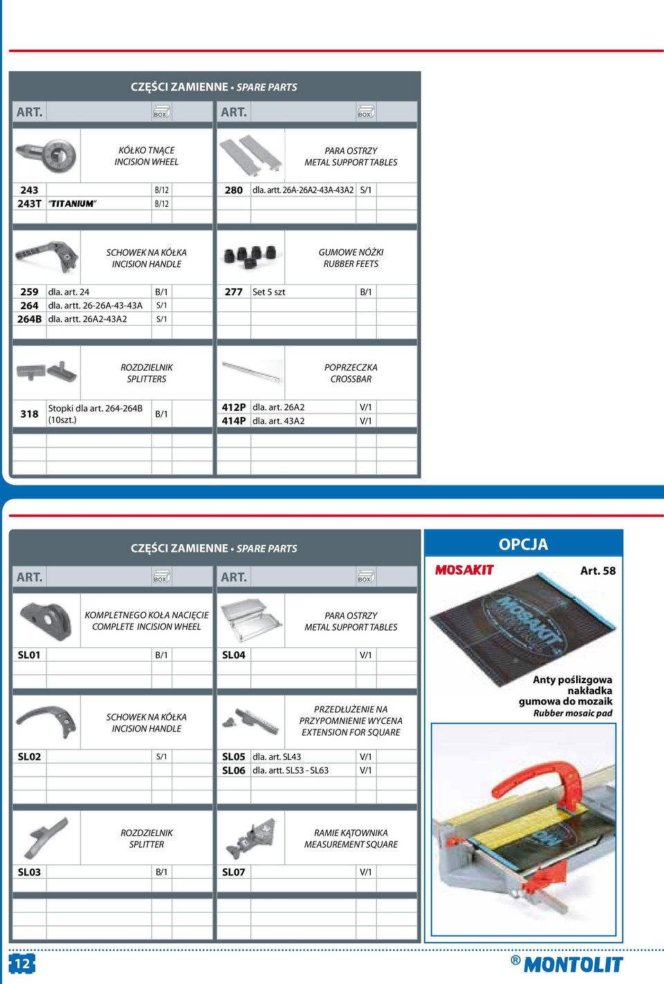 art. 43A2 V/1 CZĘŚCI ZAMIENNE SPARE PARTS RICAMBI SPARE PARTS PIECES DETACHEES ERSATZTEILE OPCJA MOSAKIT Art.