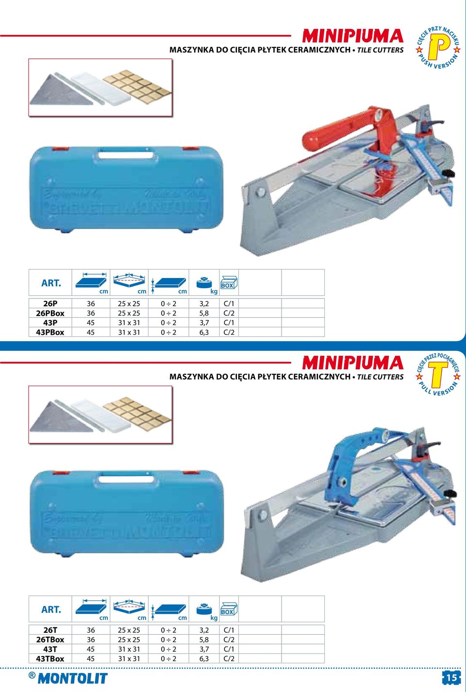 MINIPIUMA MASZYNKA DO CIĘCIA PŁYTEK CERAMICZNYCH TILE CUTTERS cm cm cm kg 26T 36 25 x 25 0 2