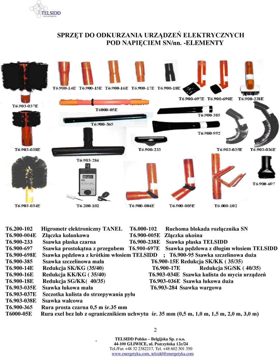 900-698E Ssawka pędzlowa z krótkim włosiem TELSIDD ; T6.900-95 Ssawka szczelinowa duża T6.900-385 Ssawka szczelinowa mała T6.900-15E Redukcja SK/KK ( 35/35) T6.900-14E Redukcja SK/KG (35/40) T6.