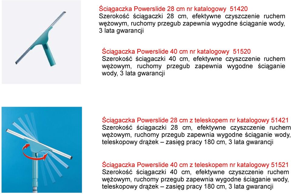 teleskopem nr katalogowy 51421 Szerokość ściągaczki 28 cm, efektywne czyszczenie ruchem wężowym, ruchomy przegub zapewnia wygodne ściąganie wody, teleskopowy drążek zasięg pracy 180 cm, 3 lata