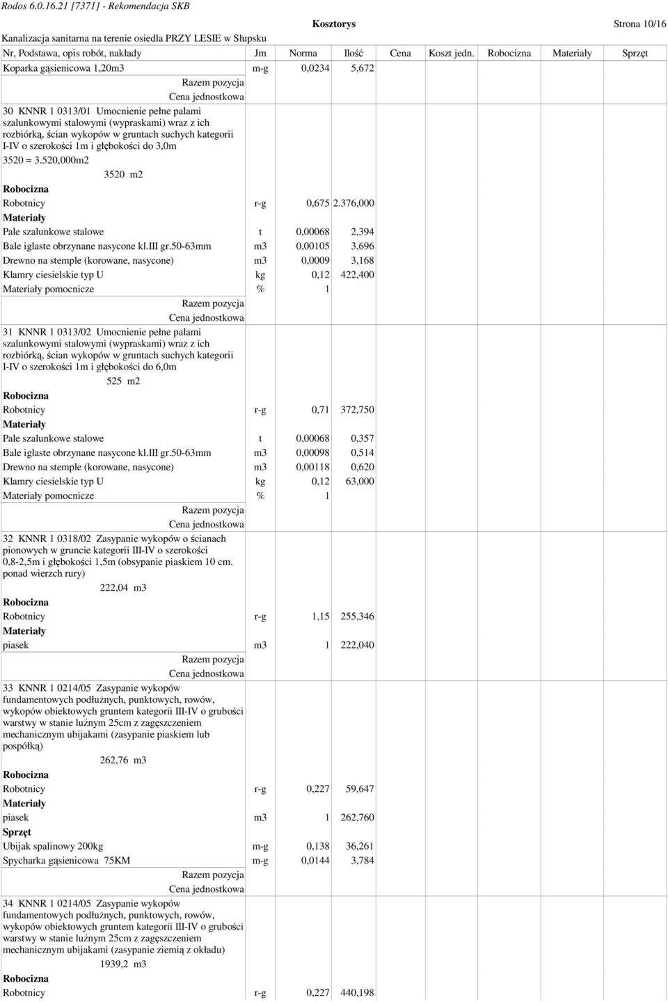 szerokości 1m i głębokości do 3,0m 3520 = 3.520,000m2 3520 m2 Robotnicy r-g 0,675 2.376,000 Pale szalunkowe stalowe t 0,00068 2,394 Bale iglaste obrzynane nasycone kl.iii gr.