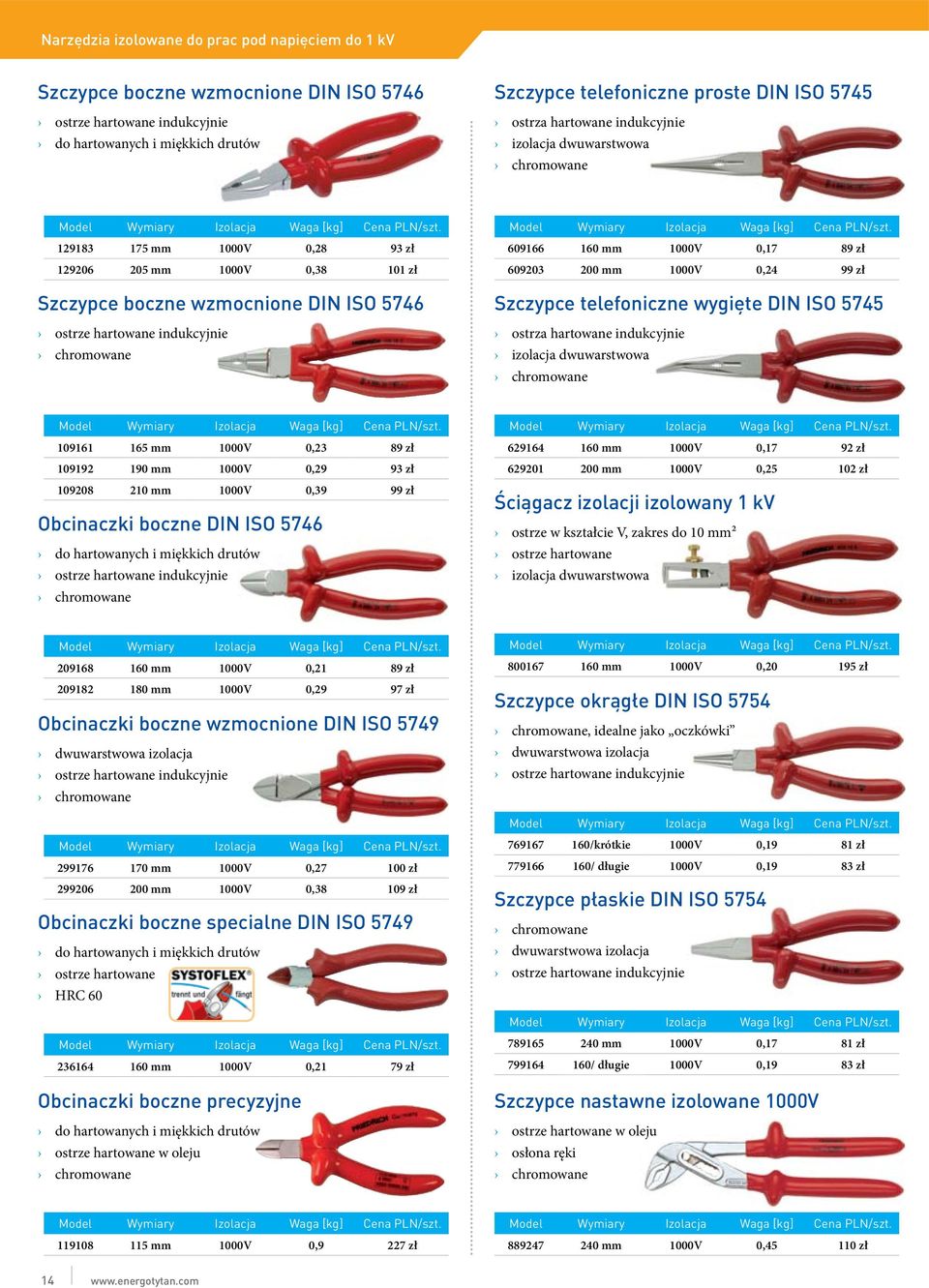 Szczypce telefoniczne wygięte DIN ISO 5745 ostrza hartowane indukcyjnie izolacja dwuwarstwowa 109161 165 mm 1000V 0,23 89 zł 109192 190 mm 1000V 0,29 93 zł 109208 210 mm 1000V 0,39 99 zł Obcinaczki