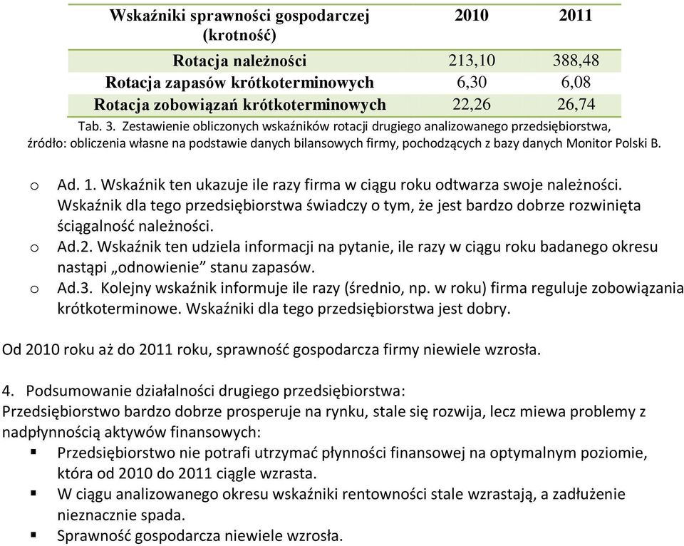 Zestawienie obliczonych wskaźników rotacji drugiego analizowanego przedsiębiorstwa, źródło: obliczenia własne na podstawie danych bilansowych firmy, pochodzących z bazy danych Monitor Polski B. o Ad.