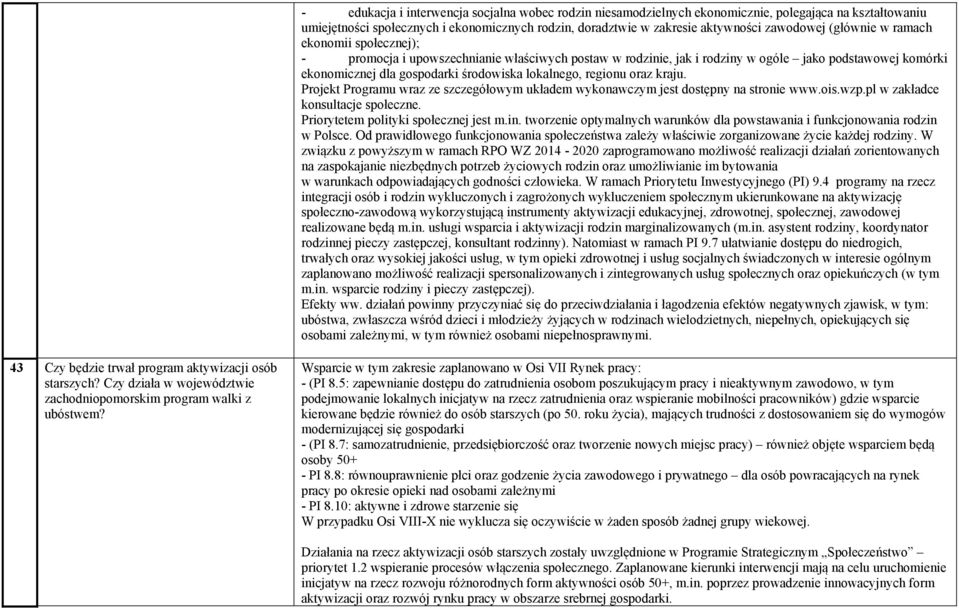 regionu oraz kraju. Projekt Programu wraz ze szczegółowym układem wykonawczym jest dostępny na stronie www.ois.wzp.pl w zakładce konsultacje społeczne. Priorytetem polityki społecznej jest m.in.