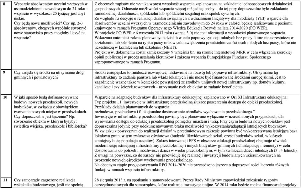 10 W jaki sposób będą dofinansowywane budowy nowych przedszkoli, nowych budynków, w związku z obowiązkiem tworzenia nowych miejsc w przedszkolach. Czy dopuszczalne jest łączenie? Np.