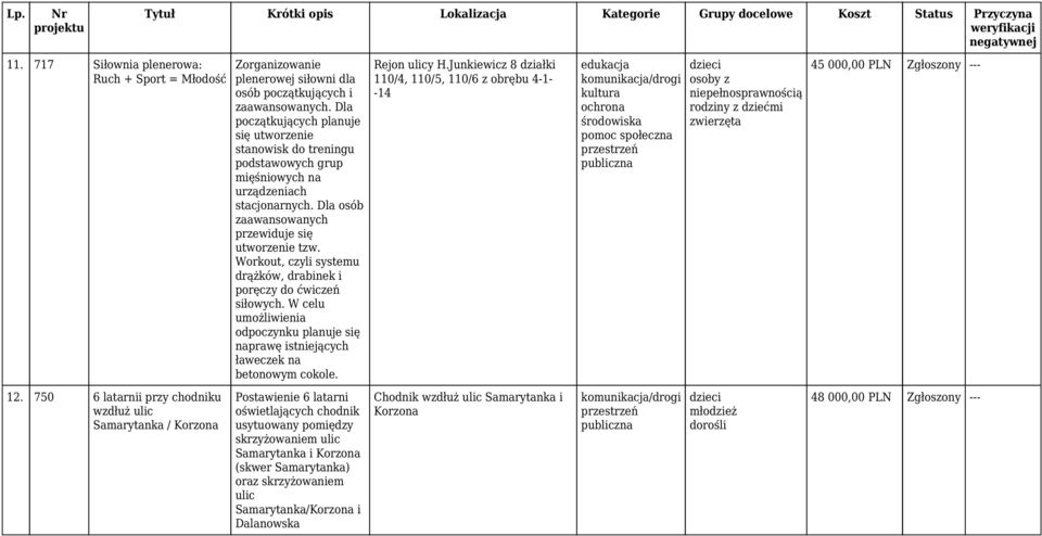 Workout, czyli systemu drążków, drabinek i poręczy do ćwiczeń siłowych. W celu umożliwienia odpoczynku planuje się naprawę istniejących ławeczek na betonowym cokole.