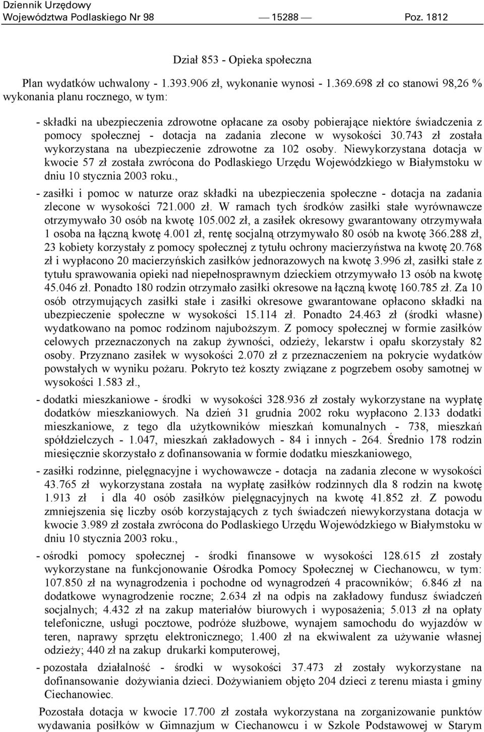 wysokości 30.743 zł została wykorzystana na ubezpieczenie zdrowotne za 102 osoby.