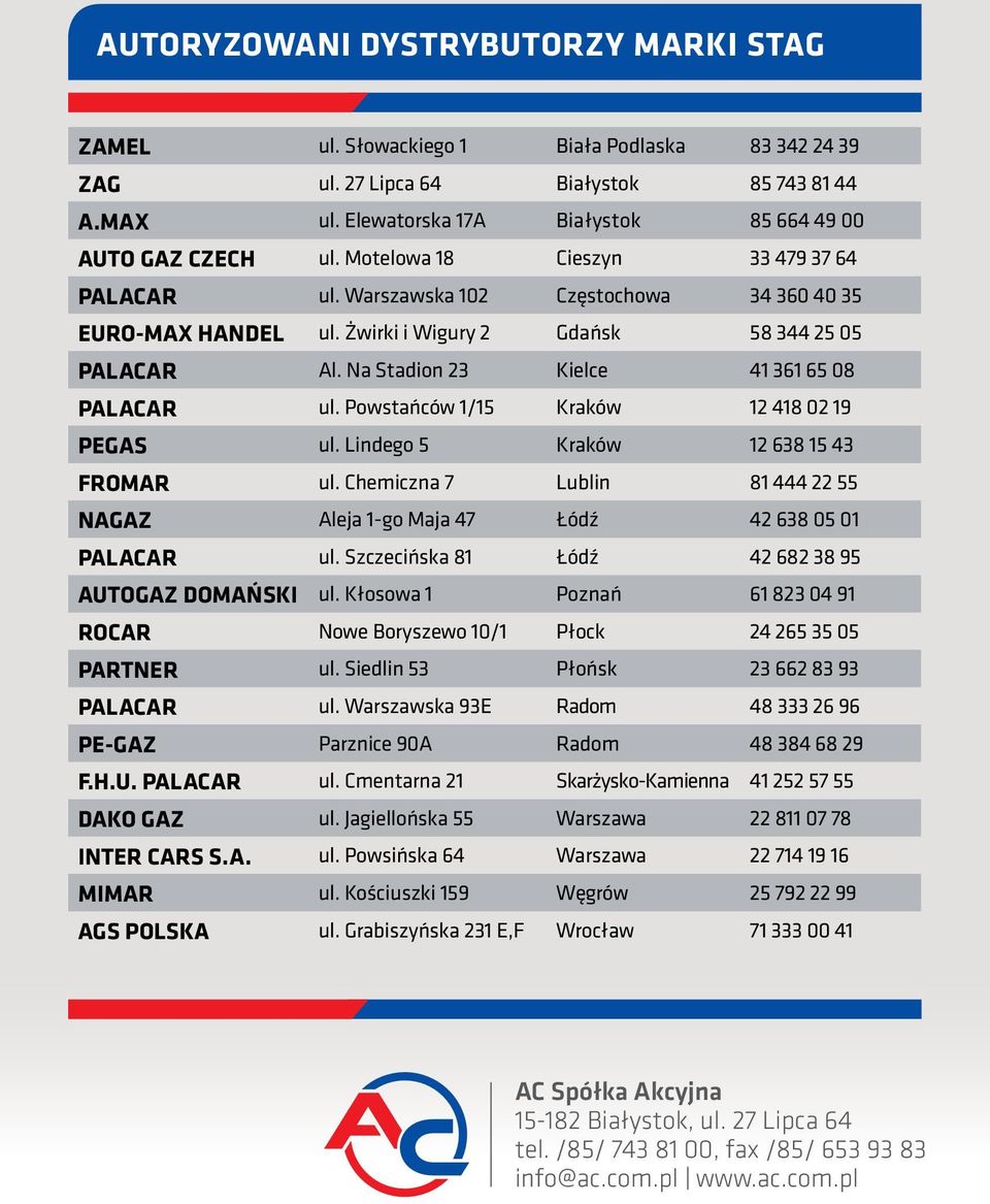 Powstańców 1/15 Kraków 12 418 02 19 PEGAS ul. Lindego 5 Kraków 12 638 15 43 FROMAR ul. Chemiczna 7 Lublin 81 444 22 55 NAGAZ Aleja 1-go Maja 47 Łódź 42 638 05 01 PALACAR ul.