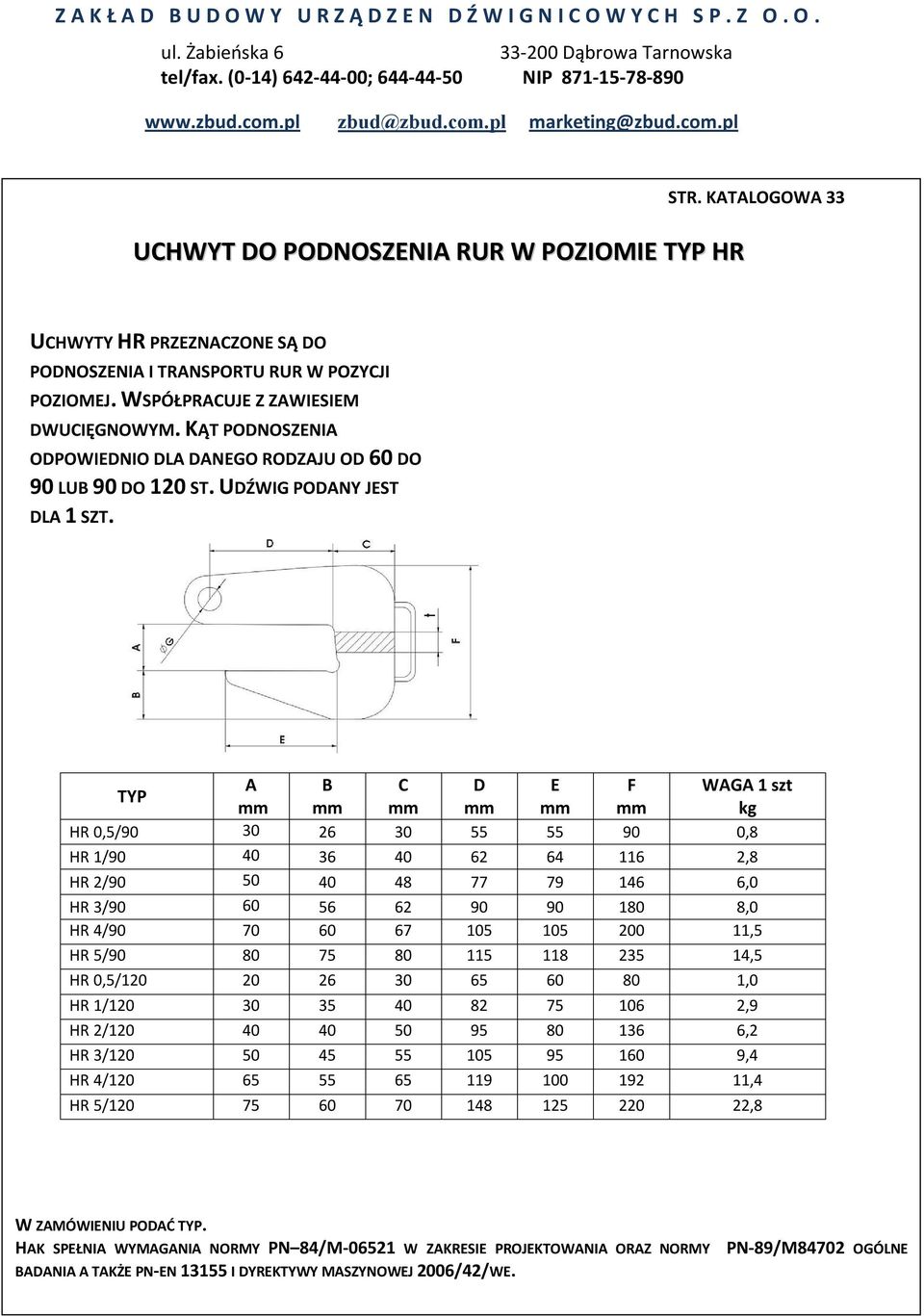 C D E F WG 1 szt HR 0,5/90 30 26 30 55 55 90 0,8 HR 1/90 40 36 40 62 64 116 2,8 HR 2/90 50 40 48 77 79 146 6,0 HR 3/90 60 56 62 90 90 180 8,0 HR 4/90 70 60 67 105 105 200 11,5 HR 5/90 80 75 80