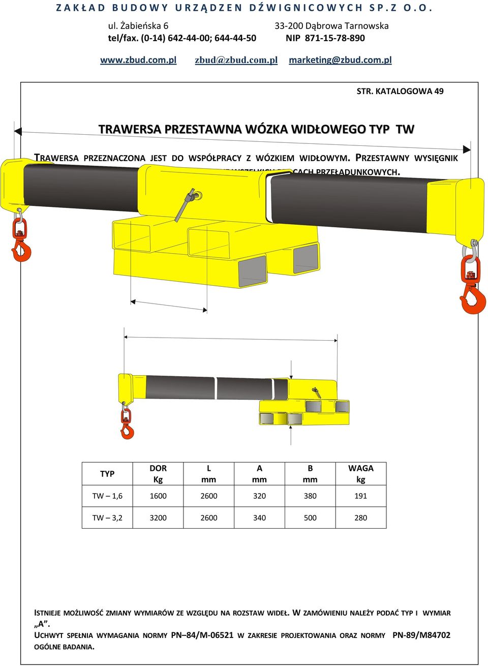 DOR Kg L WG TW 1,6 1600 2600 320 380 191 TW 3,2 3200 2600 340 500 280 ISTNIEJE MOŻLIWOŚĆ ZMINY WYMIRÓW ZE WZGLĘDU