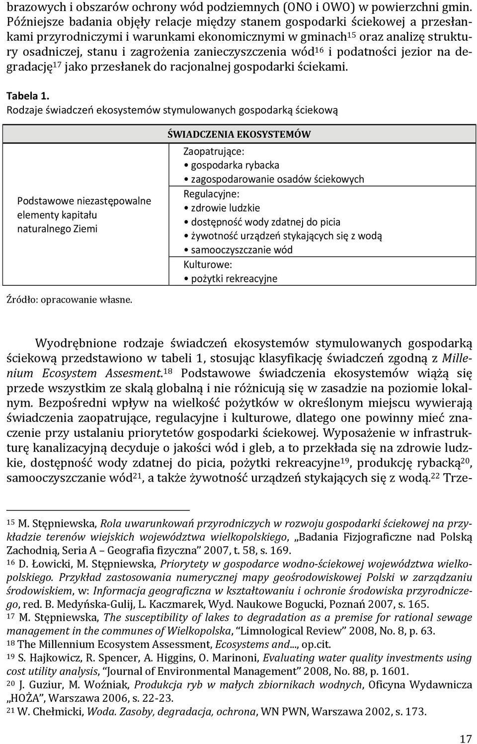 zanieczyszczenia wód 16 i podatności jezior na degradację 17 jako przesłanek do racjonalnej gospodarki ściekami. Tabela 1.