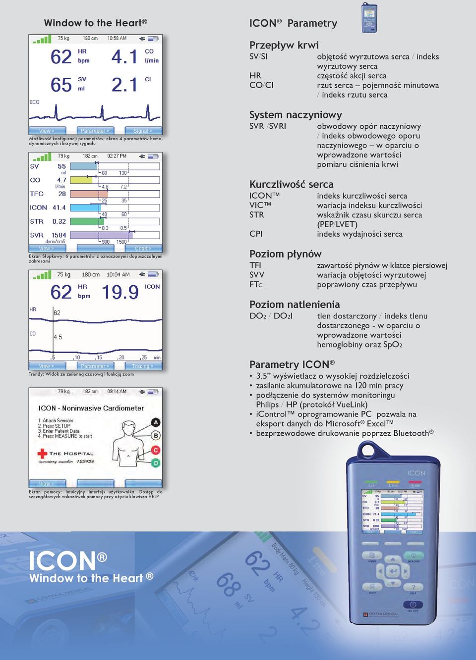 ciśnienia krwi Kurczliwość serca ICON indeks kurczliwości serca VIC wariacja indeksu kurczliwości STR wskaźnik czasu skurczu serca (PEP/LVET) CPI indeks wydajności serca Ekran Słupkowy: 6 parametrów