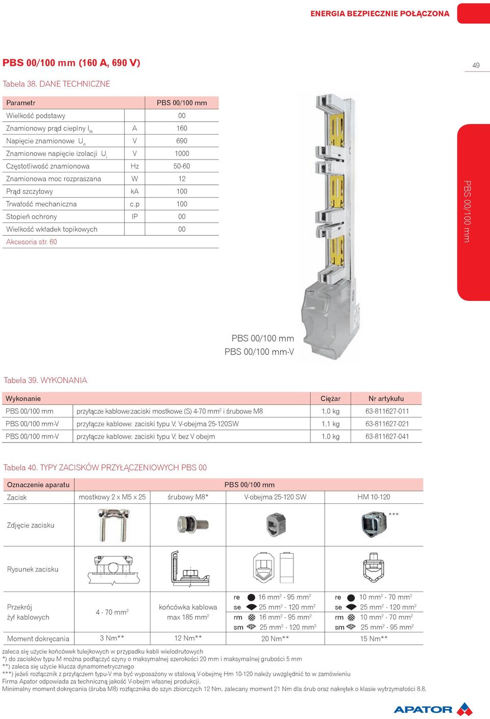 Znamionowa moc rozpraszana W 12 Prąd szczytowy ka 100 Trwałość mechaniczna c.p 100 Stopień ochrony IP 00 Wielkość wkładek topikowych 00 Akcesoria str.